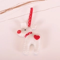 Handmade white felt reindeer ornament with red heart detail and polka dot hanging ribbon - White Reindeer Ornament