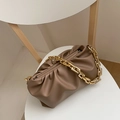Chic khaki pleated cloud bag for women with a chunky golden chain strap in soft PU leather - Khaki