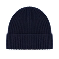 Detailed close-up of navy blue knit beanie featuring ribbed texture and folded cuff edge - One Size / Navy Blue