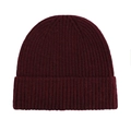 Close-up of deep red ribbed knit texture on a warm winter beanie hat with cuff - One Size / Dark Purple