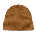 Detailed close-up of brown ribbed knit beanie hat showing soft warm winter texture - One Size / Dark Camel