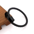 Men's black stainless steel twisted cable open bracelet with minimalist cube ends - Square Head Bangle Black