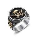 Anillo pirata del Caribe vintage de acero inoxidable plateado y dorado con espadas cruzadas - US 4 / Oro Bicolor (10508)