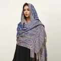Detail of blue and beige paisley pattern cashmere feel shawl with tassel fringe edges - T368-05 Blue Beige
