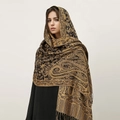 Close-up of black and gold paisley patterns and soft fringes on luxury cashmere-like shawl - T368-06 Black Gold