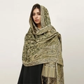 Close-up of green paisley cashmere scarf with fringe details worn as a stylish headwrap - T368-08 Green Jacquard