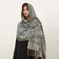 Detail of blue-grey paisley cashmere-like shawl with intricate golden floral weaving and fringes - T368-11 Blue Gray Gold