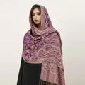 Close-up of purple and beige paisley cashmere-like shawl with elegant fringe tassels - T368-12 Purple Beige