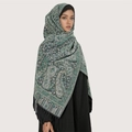 Close-up of green core-spun yarn scarf with paisley patterns and decorative fringe details - Dark Green Paisley (T482-07)