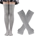 Thigh-high grey striped socks in cotton blend, shown on model and flat layout - Light Grey Socks and Light Grey Gloves