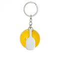 Macro detail of a yellow pickleball keychain with a silver metal racket on a ring - Yellow Pickleball Paddle
