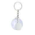 Close-up of white pickleball and silver metal paddle keychain pendant on white background - White Pickleball Paddle