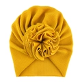 Mustard yellow baby turban hat with textured knit fabric and 3D floral decoration - One Size / No. 11 Ginger