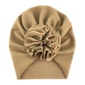 Detail of khaki waffle fabric baby turban hat with oversized 3D flower decoration - One Size / No. 12 Khaki