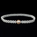 Macro detail of double-row pearl waist belt with gold round buckle on black background - Round Gold Edge Large Pearl Buckle (款式2)