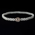 Close-up of white pearls waist belt with elegant gold and silver rhinestone buckles - Double Row Pearl Gold Silver Rhinestone Buckle (款式4)