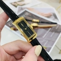 Vintage rectangular gold watch for women with black leather strap and black dial - Black Dial Black Leather Strap