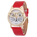 Fashionable quartz watch for women with red leather strap and golden cat face dial - Red
