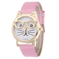 Cute pink cat-shaped quartz watch with golden glasses dial and leather strap for women - Pink