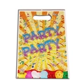 Pearlescent plastic party favor bag with colorful PARTY PARTY print and Happy Note logo - Yellow Fireworks