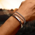 Set of stackable stainless steel bracelets with cuff, snake and Cuban chains on wrist - Silver (Open Bangle/Cuban Chain/Snake Chain)