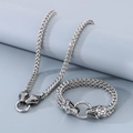 Conjunto de joyas punk para hombre con collar y pulsera de cabeza de serpiente en acero plata - Pulsera 21cm + Collar 45cm / Color Acero