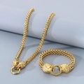 Men's hip hop gold stainless steel lion head necklace and bracelet jewelry set - Bracelet 23cm + Necklace 45cm / Gold Set