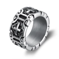 Anillo punk ancho de acero inoxidable vintage con cruces en relieve y patrones barrocos - US 5 / Color Acero