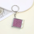 Pink rhinestone mini makeup mirror keychain with 2-in-1 square sparkling crystal design - Pink