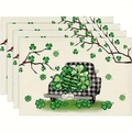 Set of 4 St. Patrick's Day linen placemats with green shamrock truck and lucky text print - Buffalo Plaid Truck Design (9) / 30x45cm