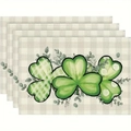 Detailed texture of St. Patrick's Day linen placemats with green shamrock patterns - Small Check Mixed Shamrock Design (12) / 30x45cm