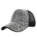 Close-up of sparkling silver rhinestones on black breathable mesh baseball cap for women - Adjustable / Black with Silver Rhinestones