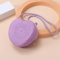 Detail of a purple heart-shaped woven straw bag with spiral texture and metal zipper - Purple