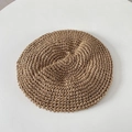 Detailed close-up of handmade crochet texture on a khaki summer beret hat for women - M (56-58cm) / Khaki
