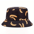Close-up of black sun bucket hat with yellow banana pattern and high-quality stitching - One Size / Black Banana
