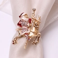 Christmas napkin ring featuring a gold Santa Claus on a reindeer with sparkling rhinestones - Santa Riding Reindeer Shape (ZWZ-XMS-210)