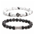 Beaded bracelet set with white marble stone, grey lava rock, and metal lion head charms - Platinum Set