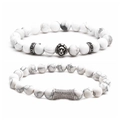 Howlite stone bracelets with silver lion head and sparkling paved zircon tube charm - Platinum Set
