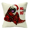 Linen Christmas pillowcase featuring a pug in red plaid blanket and Ho Ho Ho text - Plaid Pug Dog (YMD34-6)