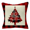 Weihnachtskissenbezug aus Leinen mit rot-schwarz kariertem Baum und festlichen Grüßen - Weihnachtsbaum-Text (YMD34-4)