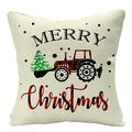 Detail of Christmas linen pillowcase showing red plaid tractor and Merry Christmas print - Red Tractor and Tree (YMD34-16)