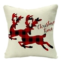Beige linen Christmas pillow cover with red and black plaid reindeer and Christmo time text - Plaid Reindeer and Text (YMD34-17)