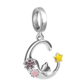 Detail of silver cat on moon charm with pink cherry blossoms and yellow star stones - Cat Chasing Stars Charm