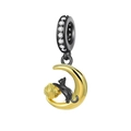 Detailed charm pendant featuring a black cat sitting on a golden moon with zircon accents - Moon Cat with Yarn Ball Charm