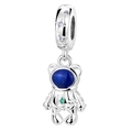 Silver astronaut bear charm with blue helmet and green star stone on white background - Interstellar Bear Astronaut
