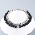 Detail of double-layer men's bracelet with silver Cuban chain and matte black onyx beads - Steel Color (KB191609-Z)
