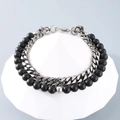 Retro double-layer men's bracelet with black onyx beads and silver Cuban chain - Black Plated (KB185323-Z)