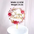 Floral Happy Birthday cake topper with pink roses and golden text, 12.5cm width - Round Floral Feather Happy Birthday