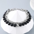 Double-layer bracelet with black matte beads and silver steel link chain for men - Model B Silver (KB185327-Z)