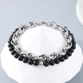 Double-layer men's bracelet with silver steel chain and matte black onyx beads - Steel Color (KB185326-Z)